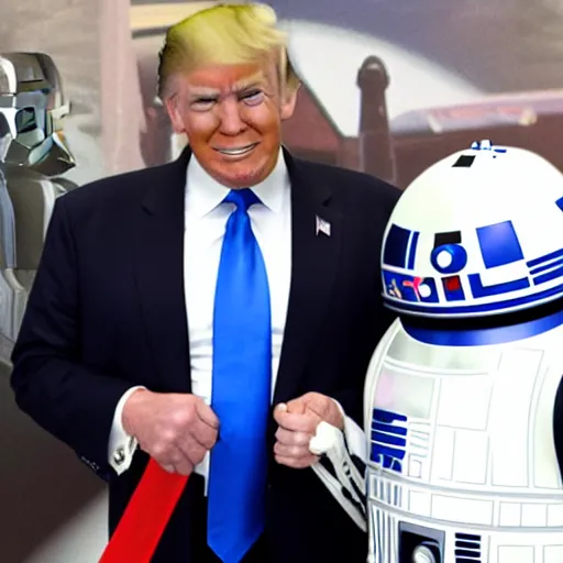 Prompt: donald trump in the new star wars with r 2 d 2 8 k detailed