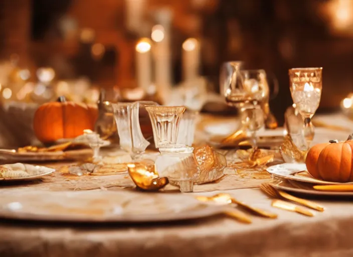 Prompt: a 3 5 mm photo of a table set for thanksgiving, bokeh, canon 5 0 mm, cinematic lighting, dramatic, film, photography, golden hour, depth of field, award - winning, 3 5 mm film grain, retro, film, kodachrome