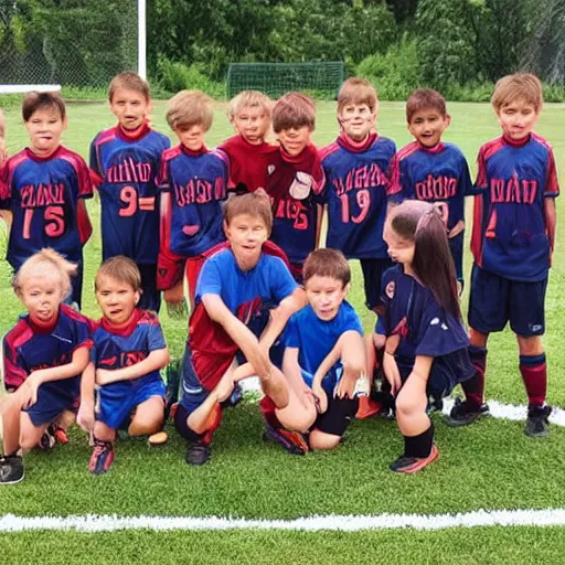 Prompt: a kids soccer team photo where one of the kids is a chimpanzee