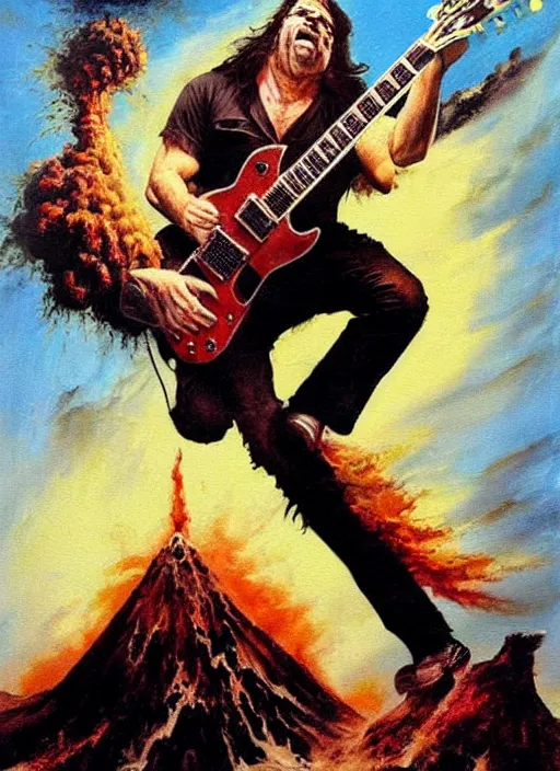 Prompt: john goodman shredding on a gibson les paul, painting by frank frazetta, heavy metal artwork, bad motherfucker playing a face - melting solo while a volcano erupts, high intensity