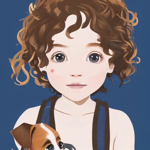 Prompt: cute little girl with short wavy curly light brown hair with a wire haired jack russell terrier puppy, white with brown patches over both eyes. detailed. blue background. clean cel shaded vector art by lois van baarle, artgerm, helen huang, by makoto shinkai and ilya kuvshinov, rossdraws, illustration, art by ilya kuvshinov