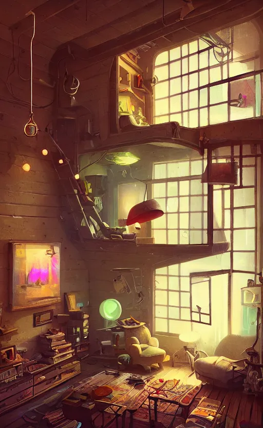 Prompt: Interior shot of a cozy loft by Petros Afshar and Beeple, James Gilleard, Mark Ryden, Wolfgang Lettl highly detailed