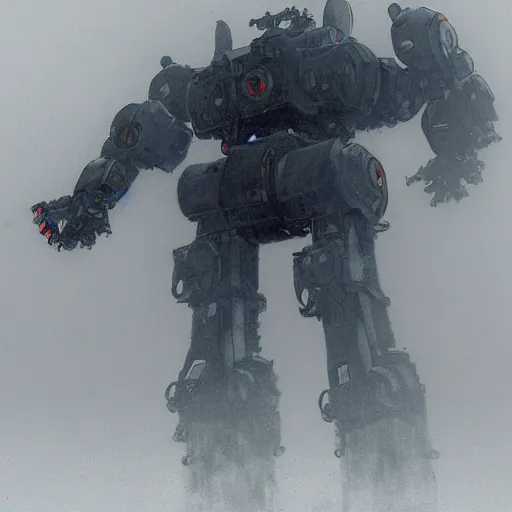 Image similar to gigantic mecha walking, dense fog, jakob rozalski