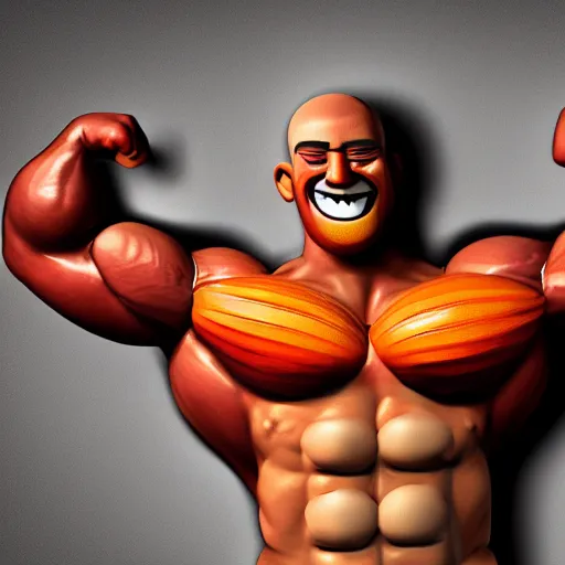 Prompt: extremely muscular man with peeled orange as head, and crayon painted face, excessively grinning, wide eyed, hyperrealistic, unreal engine, claymation