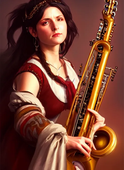 Image similar to a _ fantasy _ style _ portrait _ painting _ of female charismatic bard playing instrument, rpg dnd oil _ painting _ unreal _ 5 _ daz. _ rpg _ portrait _ extremely _ detailed _ artgerm _ greg _ rutkowski _ greg