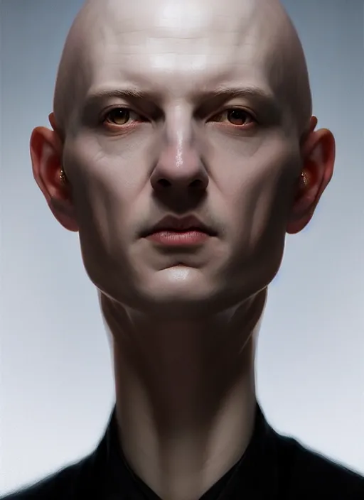 Prompt: face centered portrait of a porcelain skin bald man, in a black coat, hyper realistic art, intricate, elegant, glowing lights, highly detailed, digital painting, artstation, concept art, smooth, sharp focus, art by wlop, mars ravelo and greg rutkowski