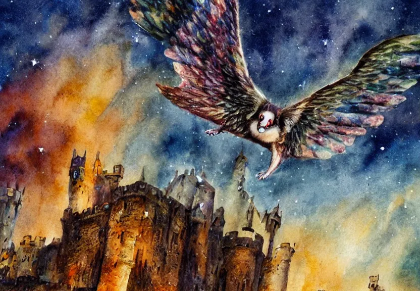 Prompt: legendary rainbow winged possum flying over a medieval castle at night under the dark starred sky, dark fantasy, watercolor, dreaming illusion, highly detailed, 4k, trending on Artstation