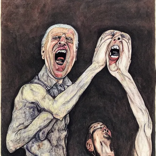 Image similar to joe biden screaming, by egon schiele and william blake and stephen gammell