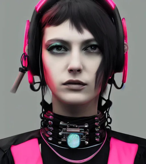 Image similar to detailed realistic female character cyberpunk wearing thick technological collar around neck, realistic, art, beautiful, 4K, collar, choker, collar around neck, punk, artstation, detailed, female, woman, choker, cyberpunk, neon, punk, collar, choker, collar around neck, cyberpunk, punk, neon