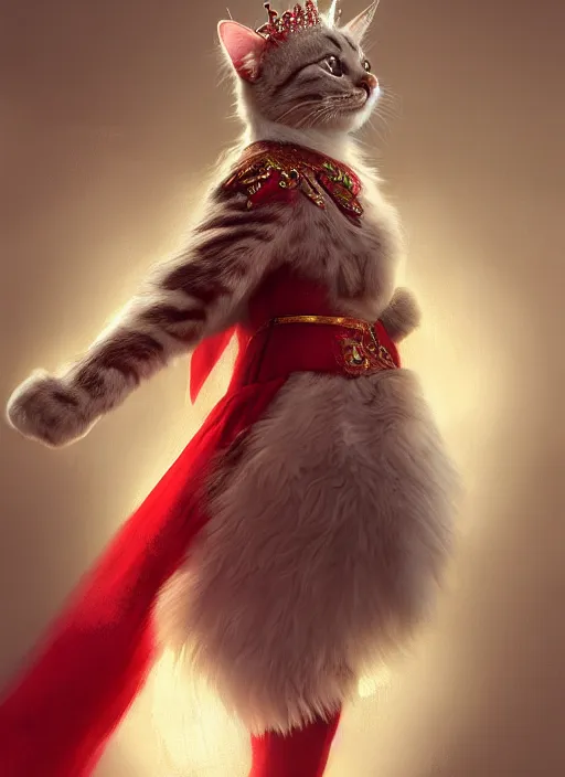 Prompt: side profile of a ragdoll cat king wearing a crown and red cape, fantasy, digital painting, volumetric light, intricate, sharp, focus, bloom, illustration, highly detailed, concept art, matte, ruan jia, randy vargas, greg rutkowski