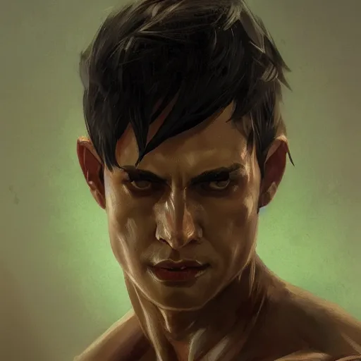 Prompt: male with black short hair and green eyes by Greg Rutkowski, Sung Choi, Mitchell Mohrhauser, Maciej Kuciara, Johnson Ting, Maxim Verehin, Peter Konig , mythical, 8k photorealistic, hot, muscle, cinematic lighting, HD, high details