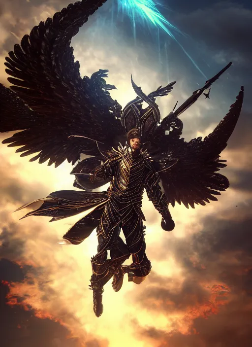 Image similar to archangel micheal flying in sky by huang guangjian, taekwon kim rostbite 3 engine, cryengine, dof, trending on artstation, digital art, chanel, dior, fantasy and detailed and intricate background