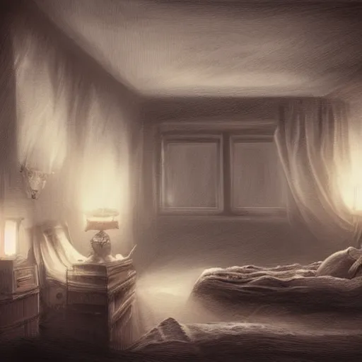 Image similar to cozy rustic bedroom that is dimly lit with a night view of new york in heavy mist, gothic punk style, highly detailed, artstation, concept art