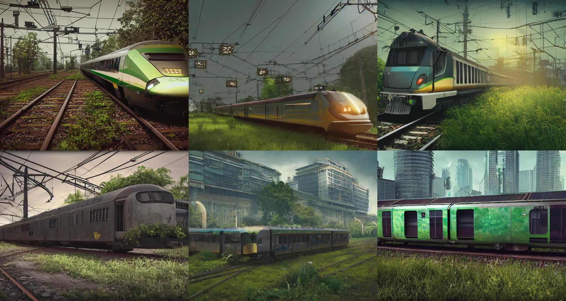 Prompt: Solarpunk train, city, overgrown, solar panels, Octane Render, detailed, trending on ArtStation