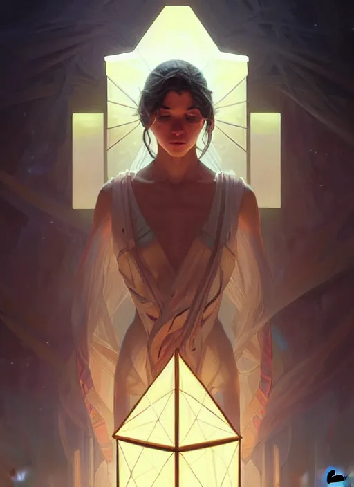 Image similar to symmetry!! mysterious cube floating, glowing lights!! intricate elegant, highly detailed, digital painting, artstation, concept art, smooth, sharp focus, illustration, art by artgerm and greg rutkowski and alphonse mucha