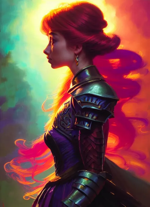 Image similar to side portrait, imogen poots, paladin, gloomhaven, colorful gaudy colors, luminescent, hard edges, organic painting, by greg manchess, huang guangjian, gil elvgren, greg rutkowski, jesper ejsing, magali villeneuve, artgerm, ilya kuvshinov