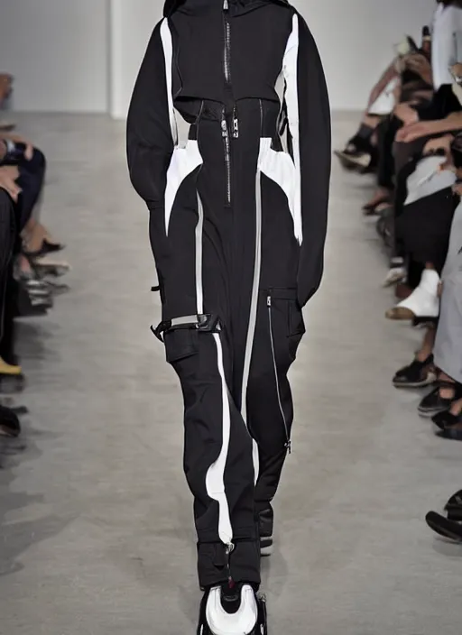 Image similar to a portrait of a model detailed features wearing a cargo wedding dress - sporty, sleek, tech utility - chic trend. lots of zippers, pockets, synthetic materials, jumpsuits chic'techno fashion trend by issey miyake and balenciaga