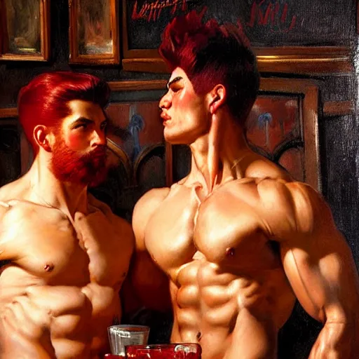 Prompt: attractive muscular male with red hair and muscular attractive male with black hair, drinking their hearts out, in a pub. very defined and highly detailed painting by j. c. leyendecker, gaston bussiere, craig mullins 8 k