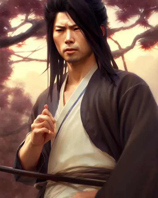 Image similar to hijikata suishan in hakuoki, fine details. night setting. realistic shaded lighting poster by craig mullism, artgerm, jeremy lipkin and michael garmash, unreal engine, radiant light, detailed and intricate environment, digital art,