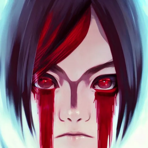 Image similar to itachi uchiha, red glowing eyes, intricate, elegant, highly detailed, portrait, digital painting, artstation, concept art, smooth, sharp focus, illustration, art by artgerm and greg rutkowski and alphonse mucha