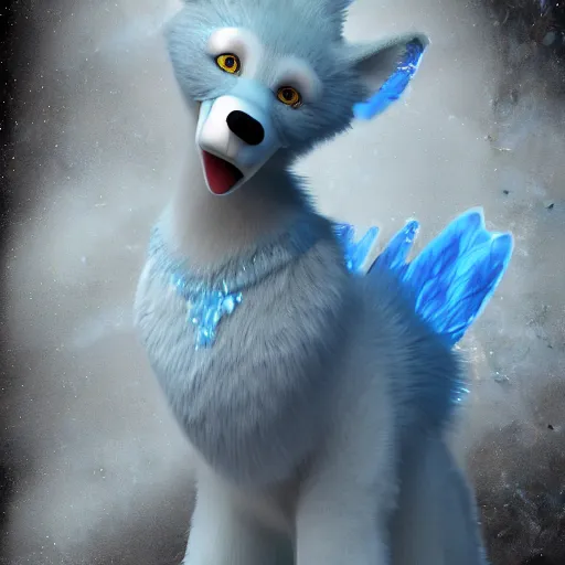 Prompt: 3 d render, well toned, large and tall, female, anthropomorphic wolf with a short snout, blue scales and fur with white spots and wings on her back, icey blue dress, furr covering her chest.