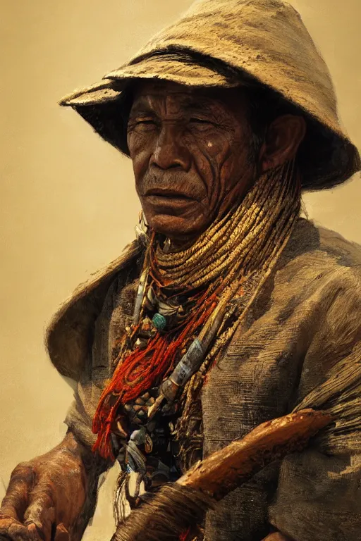 Image similar to aztec fisherman, close - up portrait, poor, intricate, elegant, volumetric lighting, scenery, digital painting, highly detailed, artstation, sharp focus, illustration, concept art, ruan jia, steve mccurry