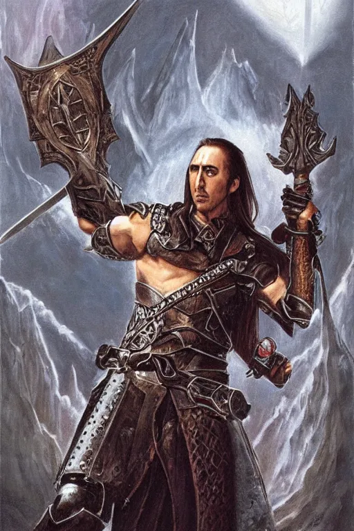 Prompt: Nicholas Cage as a paladin holding a longsword, detailed fantasy art by Gerald Brom