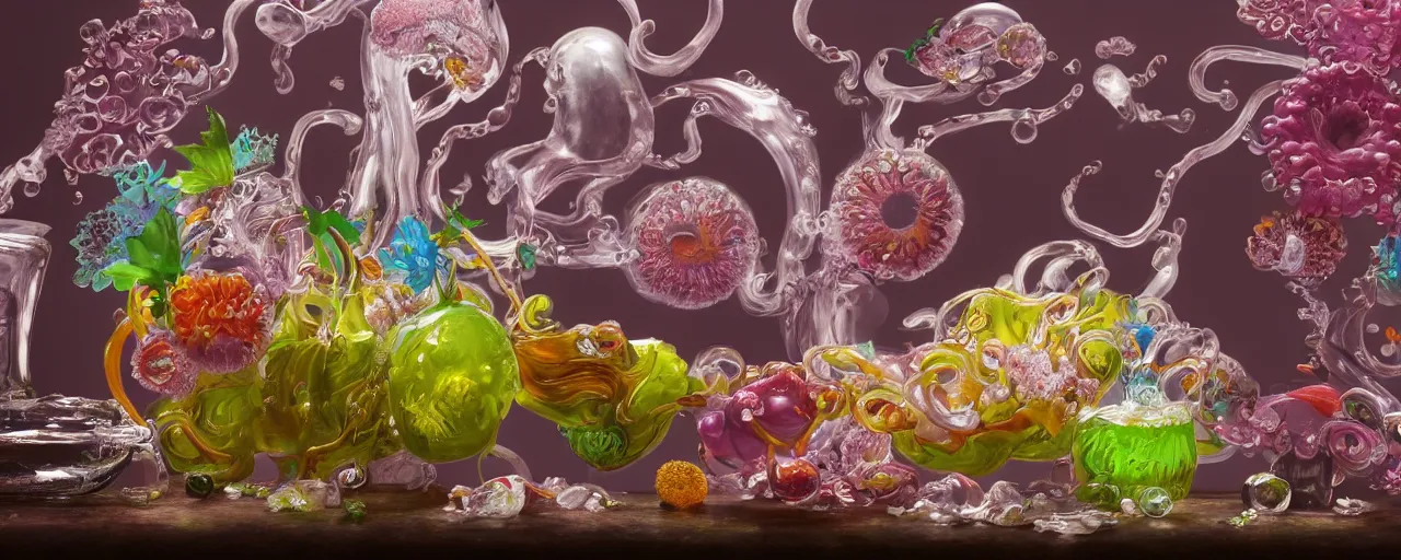 Image similar to ultradetailed photorealistic still life with jelly flowers by ernst haeckel, jan brueghel, james jean and murakami takashi, slime and tentacles, wide angle, minimalistic cinematic composition, octane render, bokeh, unreal engine, 4k, 3d render