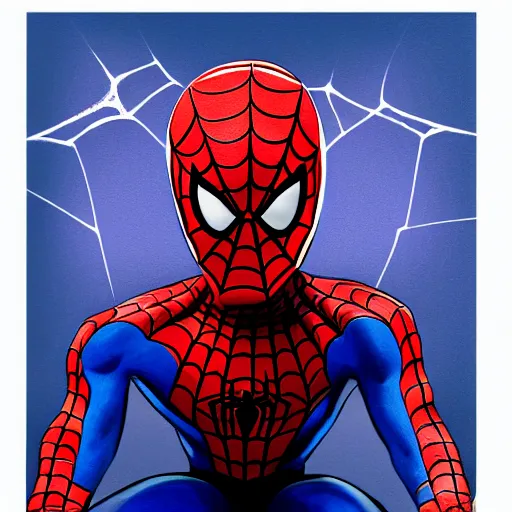 Image similar to spiderman, kneeling, praying, head lowered, portrait, oil, painting, highly detailed, spider god, praying to spider god, spider jesus