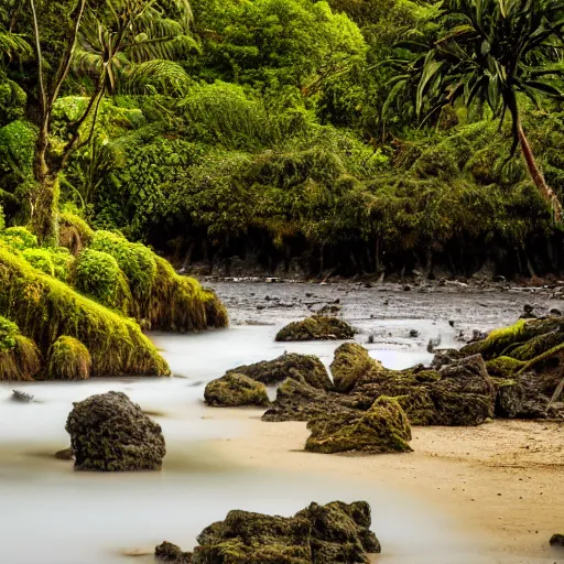 Image similar to View from a small rocky beach of a 200 meter high gorge covered in ancient New Zealand lowland Podocarp forest with vines, epiphytes and Nikau palm trees. A Moa is eating a leaf at the edge of the forest. A small river in the foreground with small brown ducks. Moody stormy day, landscape photography, sunset, 4K