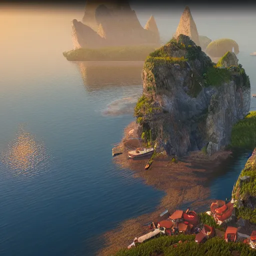 Prompt: a fishing village in a lake with cliffs covered with clouds, golden hour colors and light, epic perspective, wide angle lens, insane graphics unreal engine