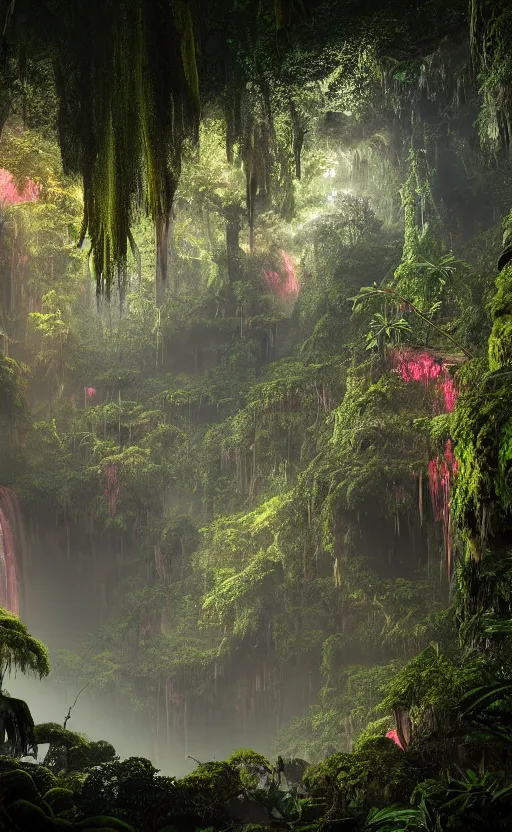 Image similar to a beautiful render of a dark prehistoric rainforest in a humongous cave, lush flora, patches of yellowish - red - magenta sky, sunset lighting, floating mountains and a waterfall in the background, intricate detail, hazy, humid, volumetric lighting, god rays, 8 k, photorealistic, raytracing effects, unreal engine 5