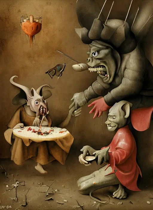 Image similar to medieval goblin eating cakes painted by hieronymus bosch, detailed digital art, trending on Artstation