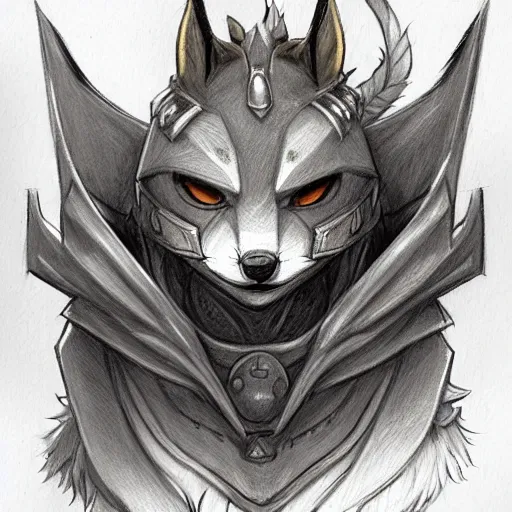 Image similar to heroic character design of anthropomorphic fox, whimsical fox, portrait of face, holy crusader medieval knight, final fantasy tactics character design, character art, whimsical, lighthearted, colorized pencil sketch, highly detailed, Akihiko Yoshida