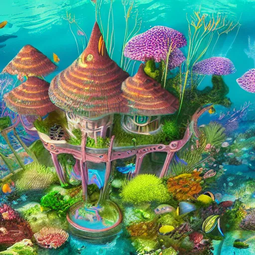 Prompt: fancy treehouse mansion built in coral underwater reef landscape with sunshine rays from above detailed luminescent magical realism 4 k painting