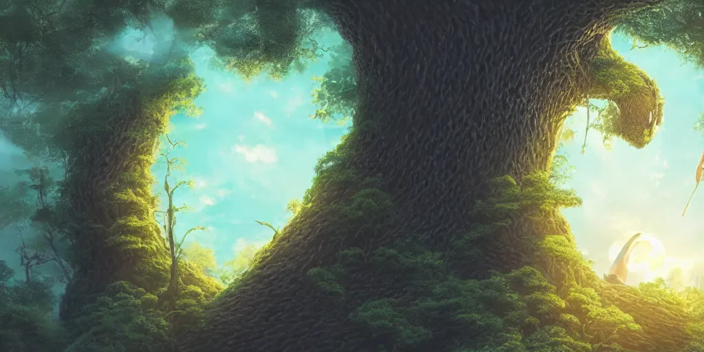 Image similar to close up of a giant liquid monster rising, forest treetop view. 4 k, artgerm, high detail, dramatic lighting, sunset, hayao miyazaki, masashi ando, nizou yamamoto, kazuo oga, joe hisaishi, yoji takeshige, naoya tanaka