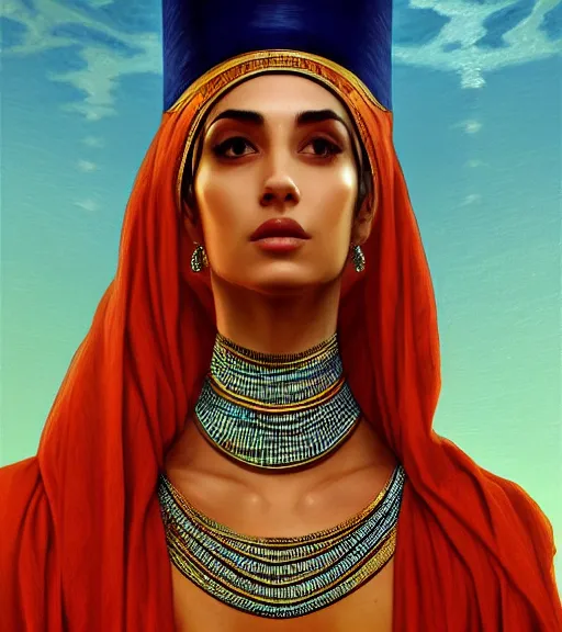 Prompt: leila bekhti as nefertiti, intricate, elegant, highly detailed, digital painting, artstation, concept art, smooth, sharp focus, illustration, art by rutkowski, aleksi briclot and bouguereau