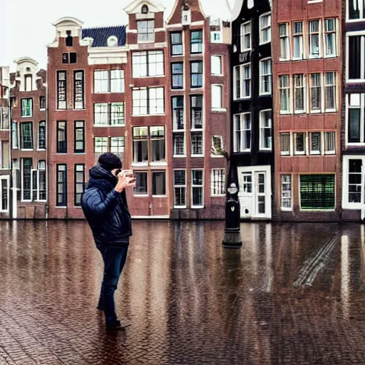 Image similar to man taking beautiful pictures with his cell phone in amsterdam on a light rainy day, photorealistic, dynamic light, ultra detailed