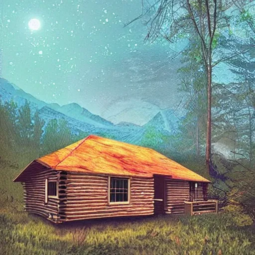 Image similar to “log cabin sci-fi art”