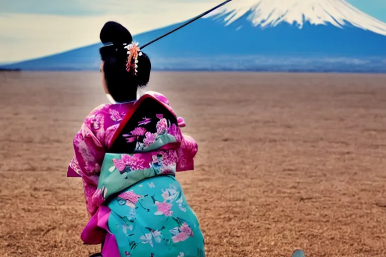 Image similar to beautiful photo of a geisha samurai warrior, mt fuji in the background, mid action swing, muted pastels, action photography, 1 / 1 2 5 shutter speed, back lit lighting