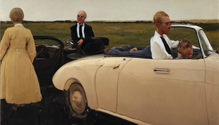 Image similar to painting by borremans, man back standing in front on the mirror and blond woman in cabriolet car sitting, detailed, stunning