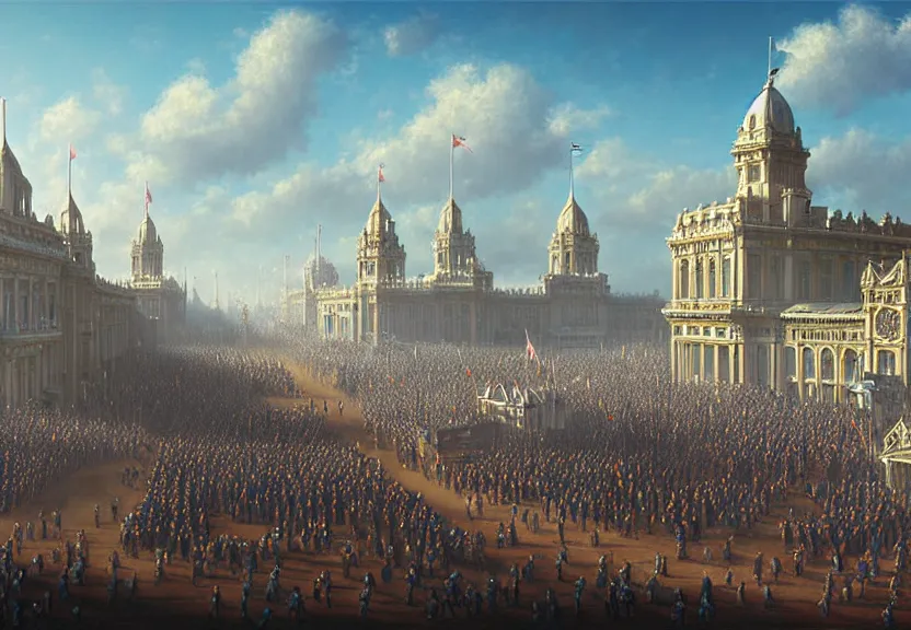 Image similar to a grand victorian parade ground, blue sky, sunny, detailed, volumetric, cinematic lighting, realistic, digital art by greg rukowski