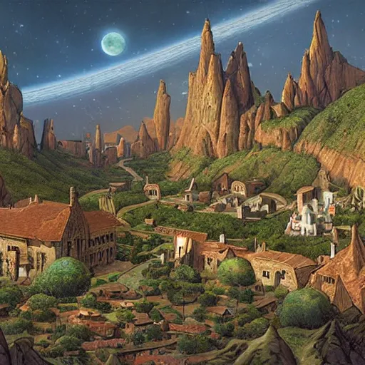 Prompt: a medieval village next to a space port. used future aesthetic. digital matte painting by james gurney and david mattingly.