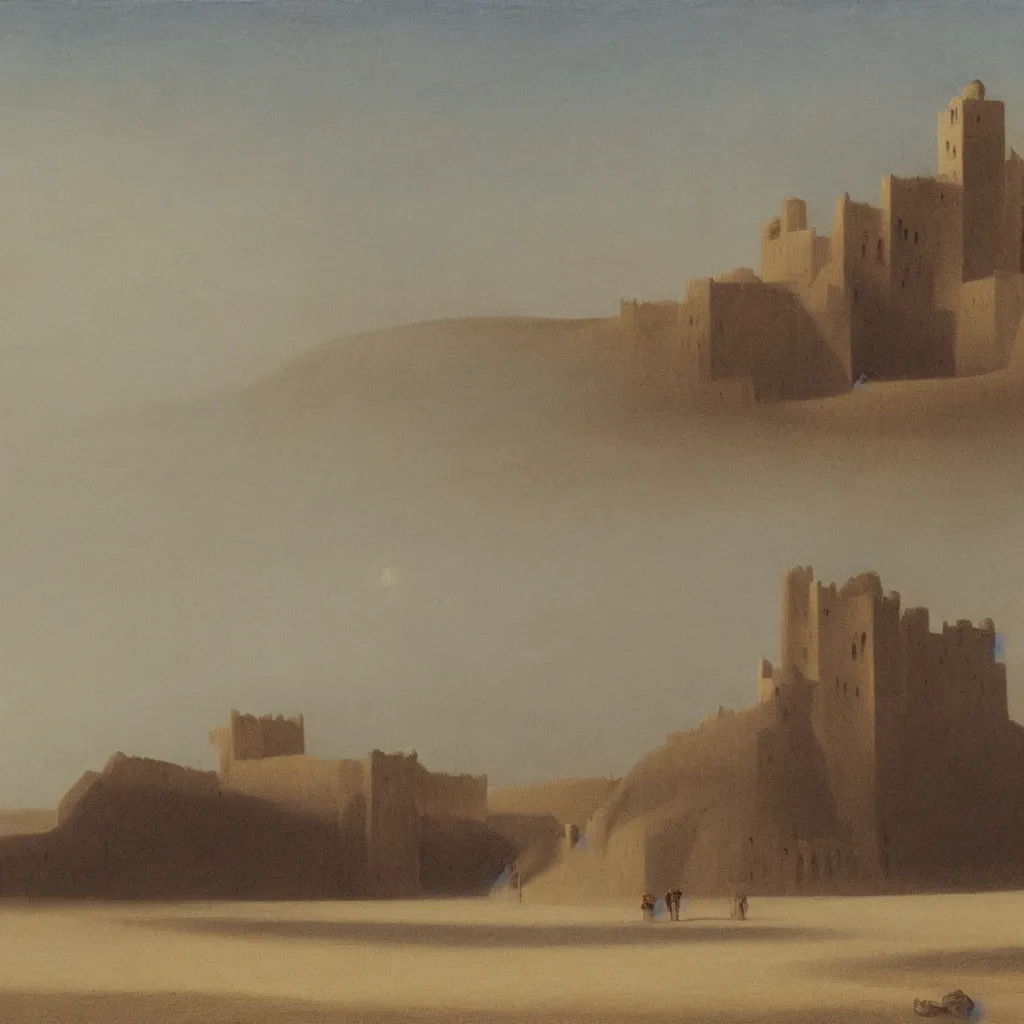 Prompt: Landscape painting of a sand castle in a foggy desert in the evening. Neo-classical architecture. The sun sets. Warm colors. Dark bright effect. An oil painting by Jean-Auguste-Dominique Ingres. Very detailed drawing, with a deep sense of composition. The style of the painting is delicate and slightly drawn.