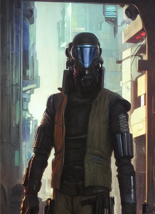 Image similar to saladin. cyberpunk police trooper in a military vest ( blade runner 2 0 4 9, cyberpunk 2 0 7 7 ). orientalist portrait by john william waterhouse and james gurney and theodore ralli and nasreddine dinet, oil on canvas. cinematic, hyper realism, realistic proportions, dramatic lighting, high detail 4 k