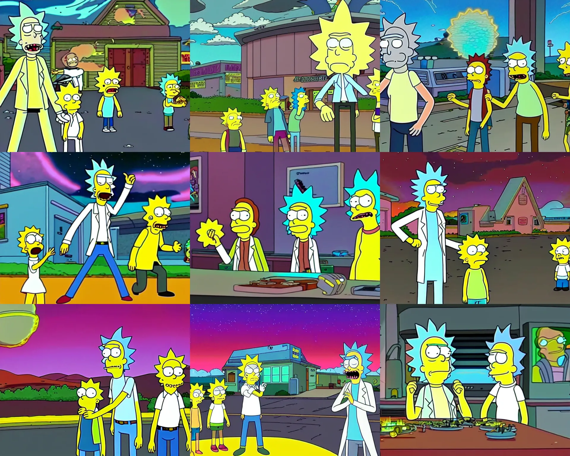 Prompt: rick and morty destroying the simpsons springfield with crazy scifi technology