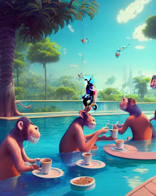 Prompt: highly detailed surreal vfx portrait of cartoon monkeys drinking coffee at a pool party, stephen bliss, unreal engine, greg rutkowski, loish, rhads, beeple, makoto shinkai and lois van baarle, ilya kuvshinov, rossdraws, tom bagshaw, global illumination, detailed and intricate environment