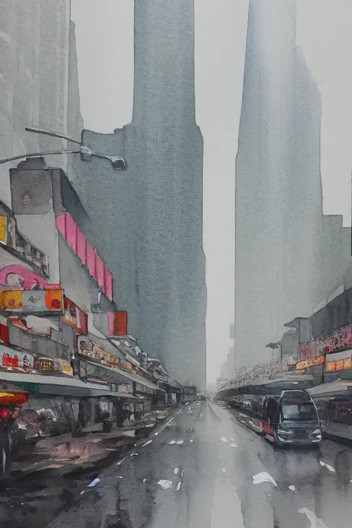 Image similar to A watercolor depicting an empty Xujiahui, gloomy weather, high contrast, smooth, by Joseph Zbikowicz, 8k