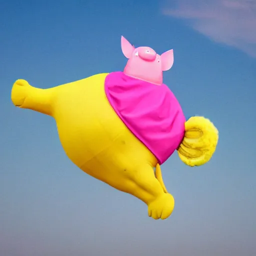 Prompt: a yellow pig flying while wearing a pink skirt