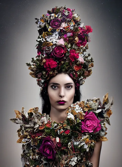 Image similar to full body environmental portrait photo of heart evanglista, ornate headpiece made from flowers, ornaments, glamour shot by gemmy woud - binnendijk, chris knight, photorealistic, canon r 3, fashion photography, ornate, symmetrical features, octane render, unreal engine, solid dark background, clamp shell lighting, rim lighting